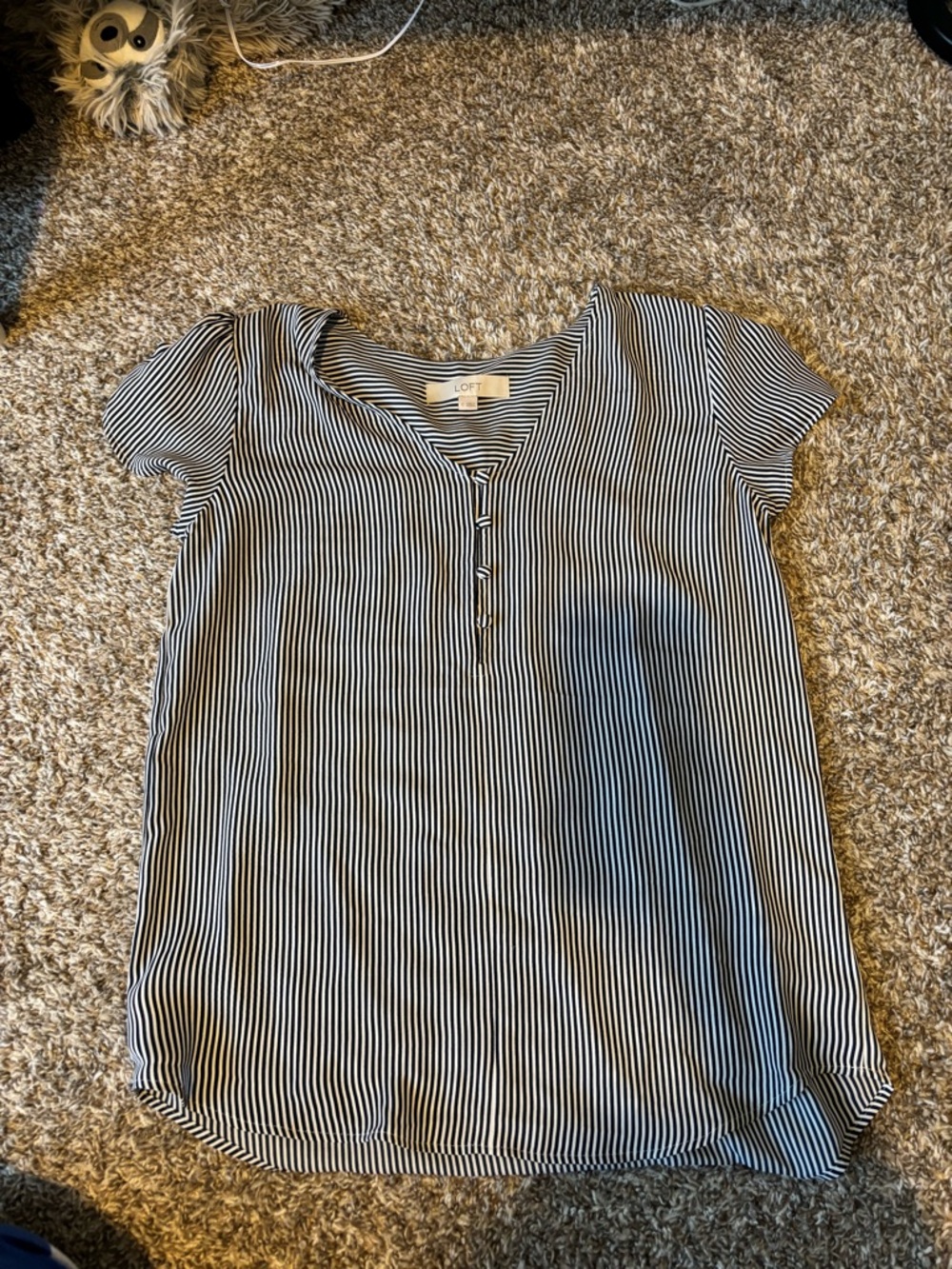 LOFT Black and White Striped Short Sleeve Henley Blouse